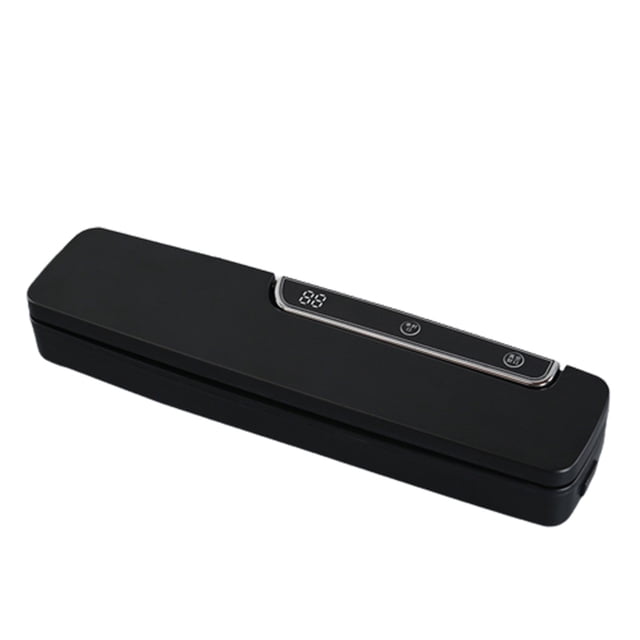 Zanvin Home Appliances Vacuum Sealing Machine in black, featuring a sleek rectangular design with a digital control panel on top. Compact size measuring 35x9x5.5cm, this automatic food vacuum sealer is ideal for food preservation and packaging. Includes 20 vacuum bags for extended freshness.