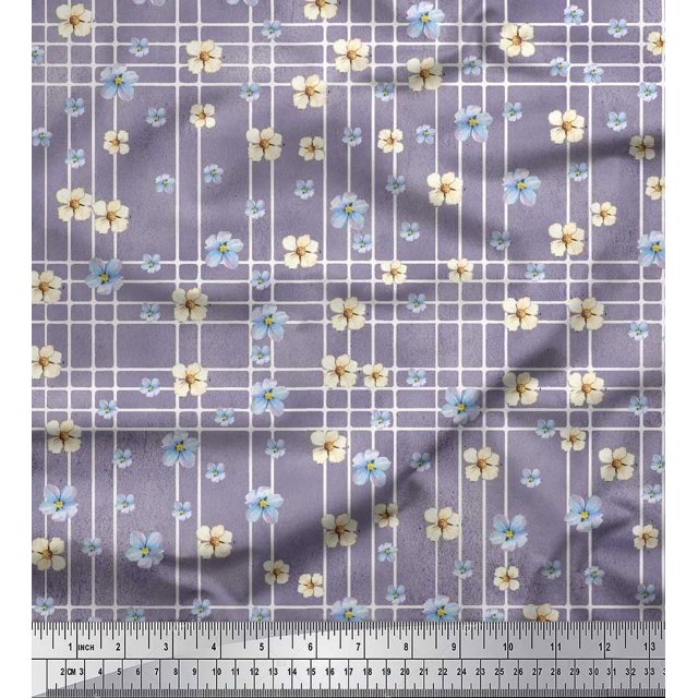 Soimoi Purple Satin Silk Fabric Check & Floral Print Sewing Fabric BTY 42 Inch Wide
