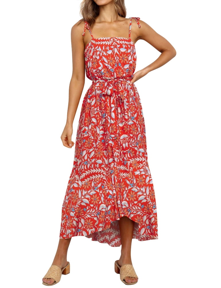 Robe Longue à Bretelles Spaghetti pour Femmes avec Nœud Floral et Ourlet Haut-Bas