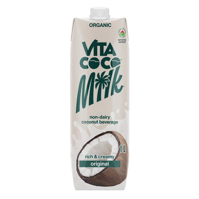 Vita Coco 1L Coconut Milk carton with beige background and dark green text, featuring a halved coconut graphic. This organic, non-GMO, non-dairy coconut beverage is rich and creamy, original flavor, with a white screw cap, suitable for boosting smoothies or cereal.