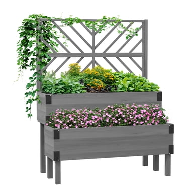 Outsunny 2 Tier Wooden Raised Bed w/ Trellis Elevated Planter Box, Grey