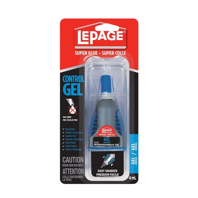 LePage Super Glue Gel Control 4 ml bottle in blister packaging with red and black backing, featuring a gray and blue easy-squeeze bottle for no-drip, precise adhesive application on wood, rubber, leather, ceramic, metal, paper, and plastics, suitable for office and school glue use.