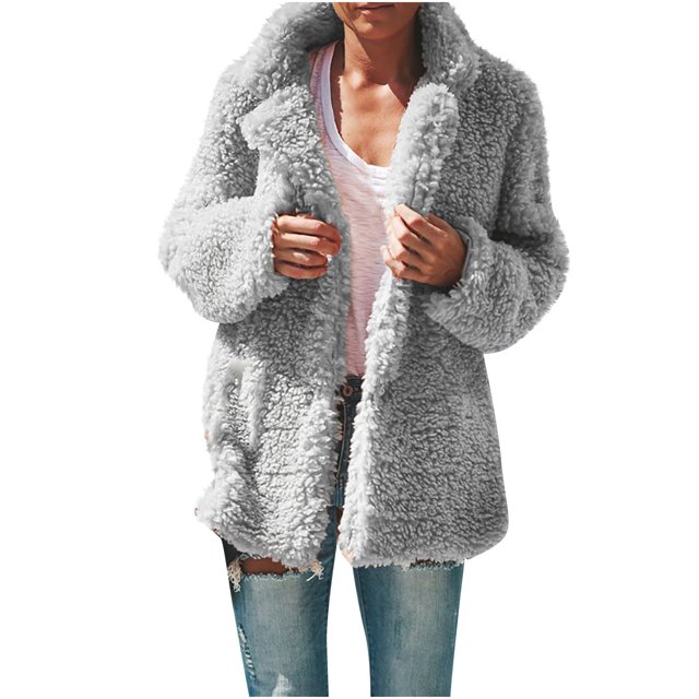 IROINID Women's Mid-Length Shearing Jacket Notch Lapel Solid Color Long Sleeve Plus Size Winter Warm Loose Plush Jacket Coat, Gray
