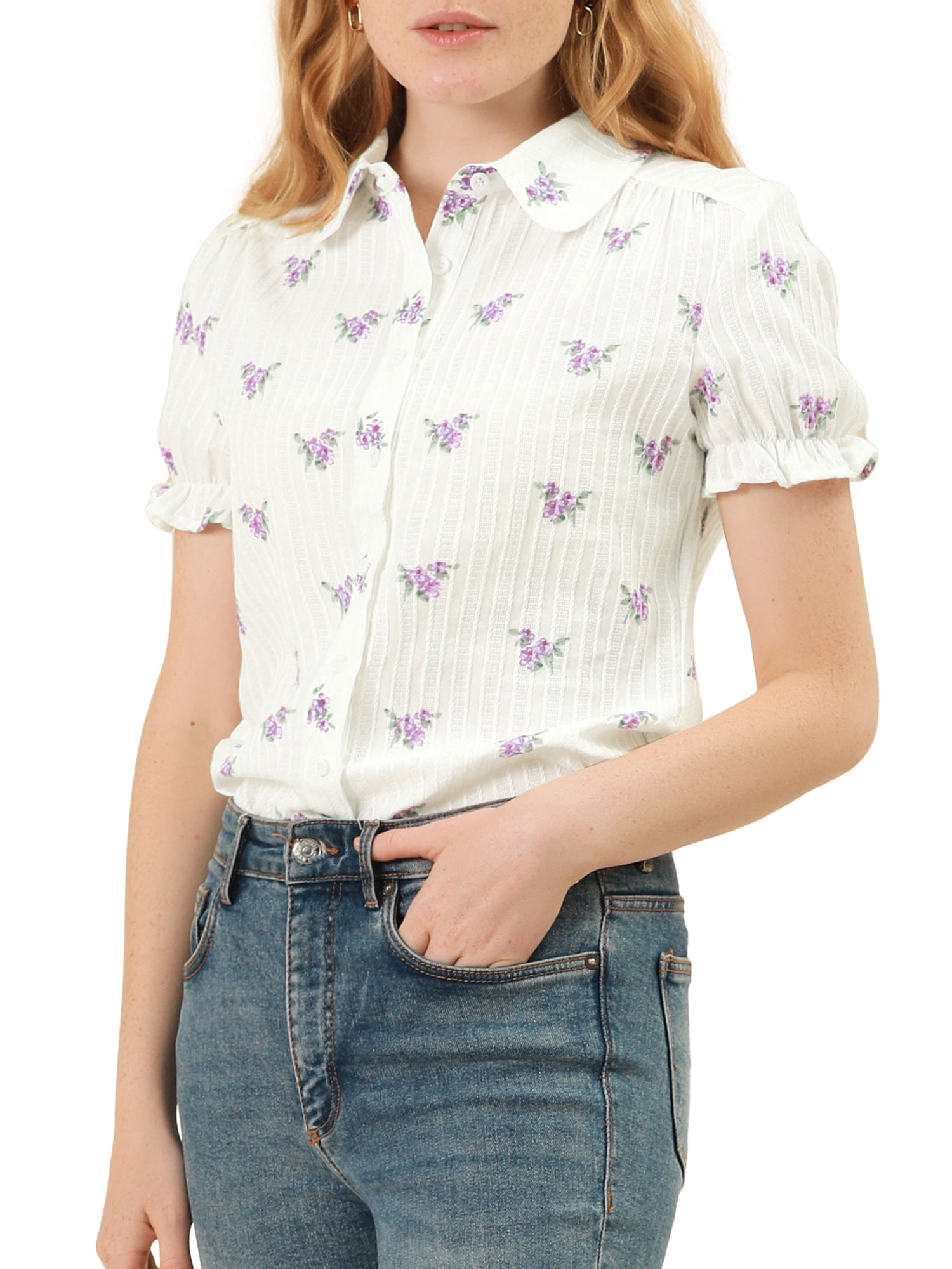 INSPIRE CHIC Chemise Imprimée pour Femme à Col Peter Pan, Boutonnée, Manches Bouffantes, Blanche G