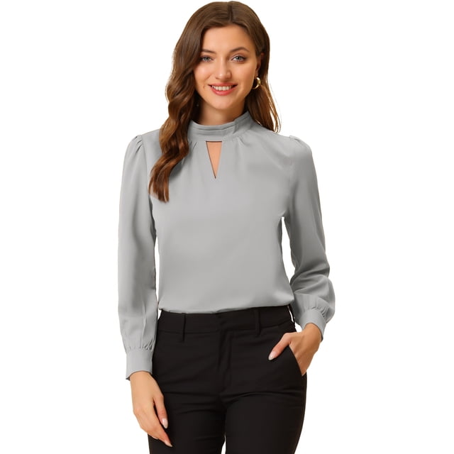 INSPIRE CHIC Women's Keyhole Stand Collar Pleated Back Button Blouse Tops Brown Grey L