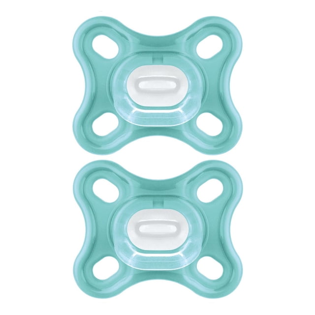 MAM Comfort Pacifiers, Newborn Pacifiers (2 pack) with two teal orthodontic silicone pacifiers featuring a symmetrical nipple, one-piece design, and four large air holes on the shield for breathability, designed for newborns 0-4 months.
