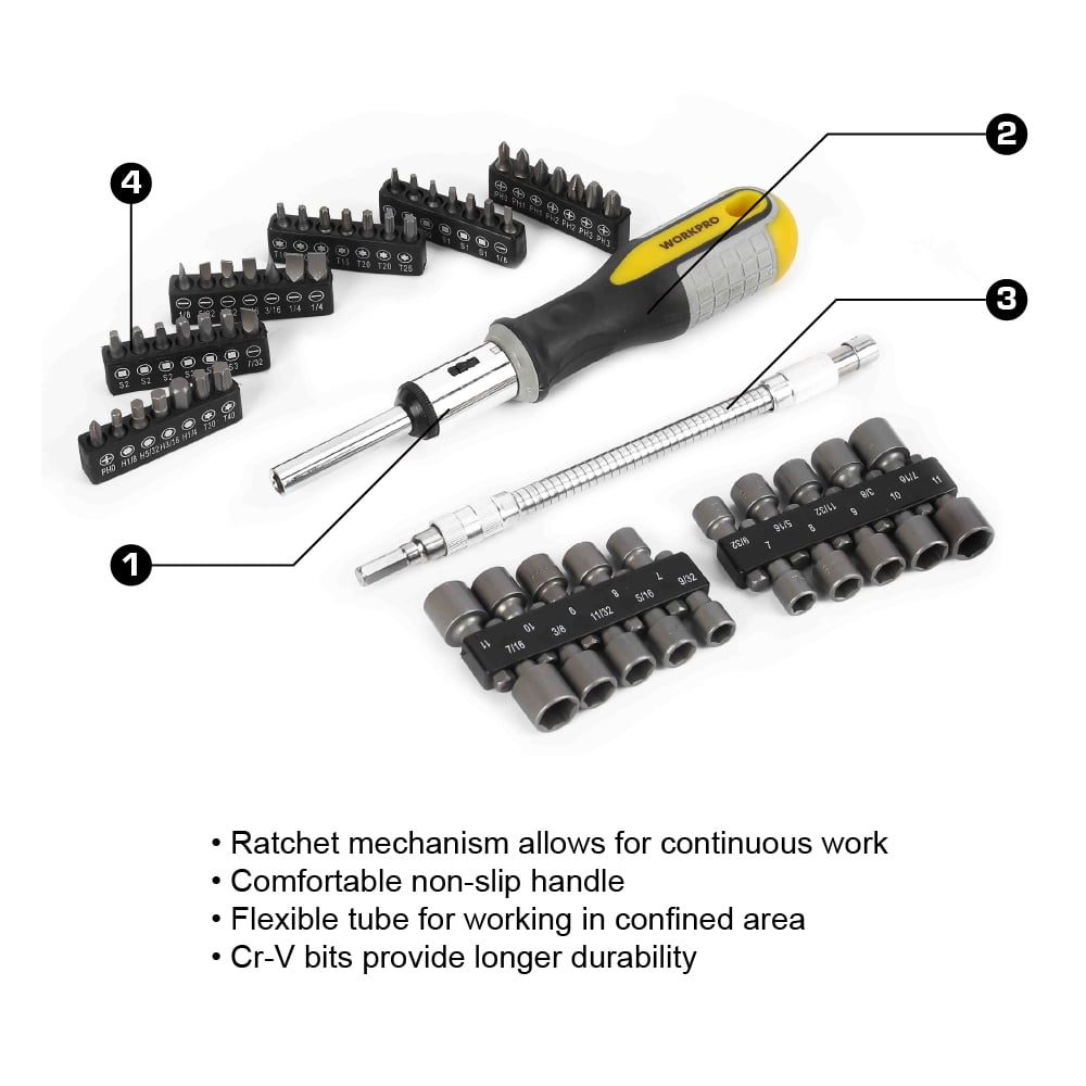 Ensemble de tournevis à cliquet WorkPro - tournevis multi-bits, tournevis de 64 pièces, écrous et embout