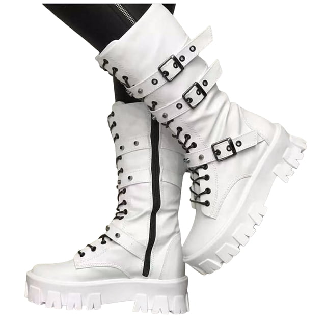 Dakaela Black Platform Goth Boots for Women Buckle Combat Mid Calf Boot Side Zipper Motorcycle Riding Biker Booties White 7.5