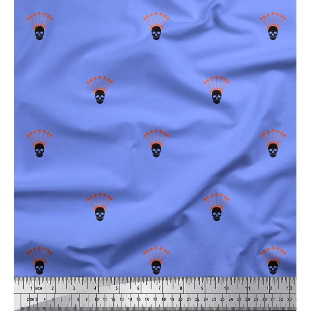 Soimoi Blue polyester Crepe Fabric Arrow & Skull Print Fabric by Yard 52 Inch Wide