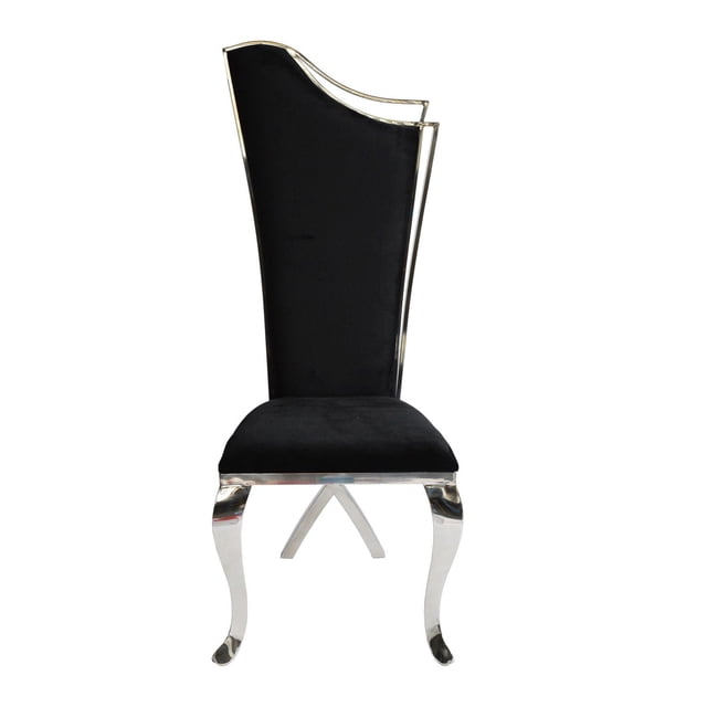 Canadian Morocco Silver Dining Chair (Set of 2) with a tall, contoured backrest and black velvet fabric seat, supported by mirror-finished stainless-steel legs with a curved design, ideal for kitchen and dining seating and suitable for stylish office seating.