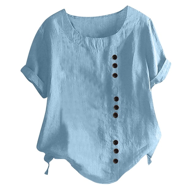Mode Femme Été Col Rond Loisirs Manches Courtes Uni Boutons Hauts