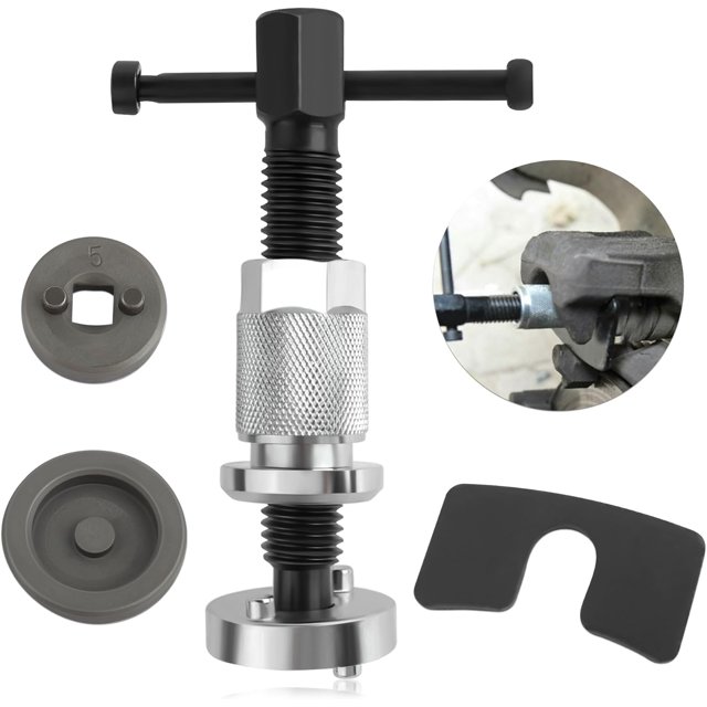 5PCS Brake Caliper Compression Tool Set, featuring a chrome-plated steel caliper piston compressor tool for replacing brake pads. Includes a silver 2-in-1 brake disc adapter and two dark gray adapters, suitable for various collet-style brake discs with integral park function. The set is designed for quick and efficient brake pad replacement, with durable and rust-resistant materials. Shown with a close-up of the tool in use on a brake caliper.