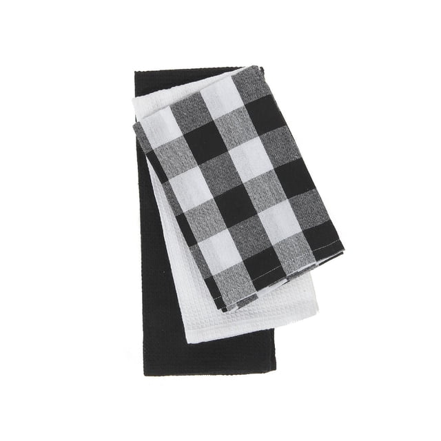 Kitchen Towel set of 3 pcs with white buffalo checkered, solid white, and solid black textured towels folded and stacked, suitable for drying dishes and wiping kitchen surfaces as part of kitchen linens and dishcloths.