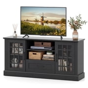 Costway Meuble TV de Style Ferme pour Téléviseurs jusqu'à 70 po, Centre Médias avec Portes en Verre, Compartiments et Tiroir, Noir