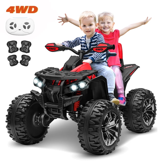 Joyracer 4x4 24V pour Enfants Ride on ATV avec Télécommande, Jouet Ride on 24 Volts à 2 Places en Rouge. Ce quad 4 Roues Voiture avec Quatre Moteurs 200W, Phares DEL et Pneus Robustes pour la Stabilité sur Divers terrains comme l'Herbe, les Pentes et les Plages. Conçu pour les Enfants de 3 à 8 Ans, Comprend un Siège de 16,5 Pouces de Large pour un Grand Enfant Ou Deux Petits Enfants, une Pédale Arrière et un Dossier. Équipé d'Un Accélérateur à Pédale, des modes Avant/arrière