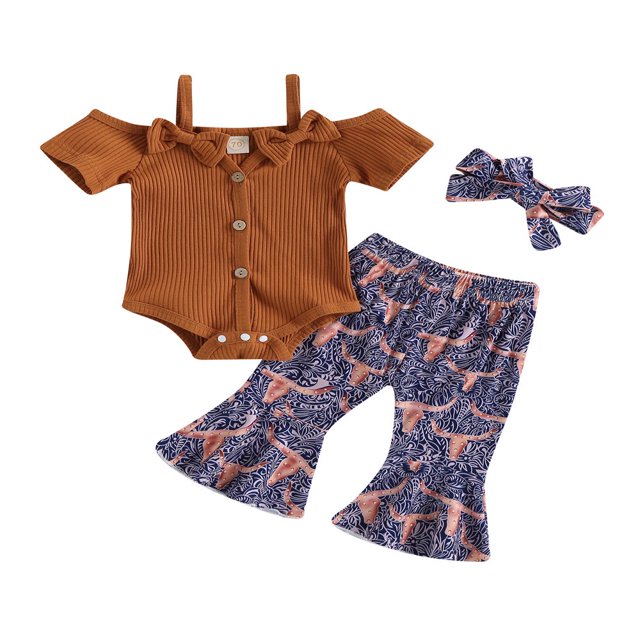 3PCS Toddler Girl Short Sleeve Romper Rib Knit Button Bodysuit Flare Pants Clothes
