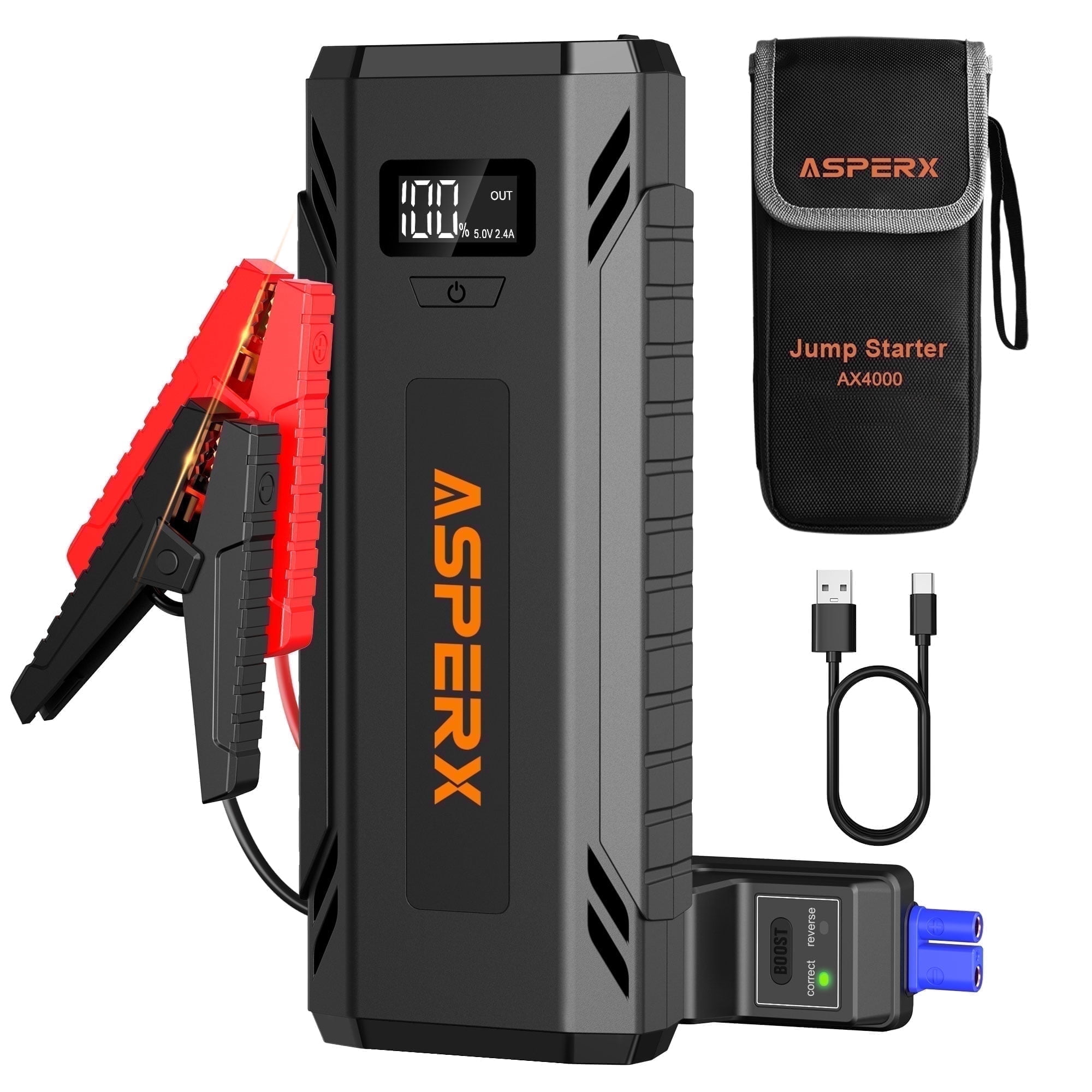 ASPERX Portable Car Jump Starter 4000A Peak, Jump Box for 12V Vehicles (up to All Gas and 10.0L Diesel Engine), Battery Booster with LED Light, USB Quick Charge