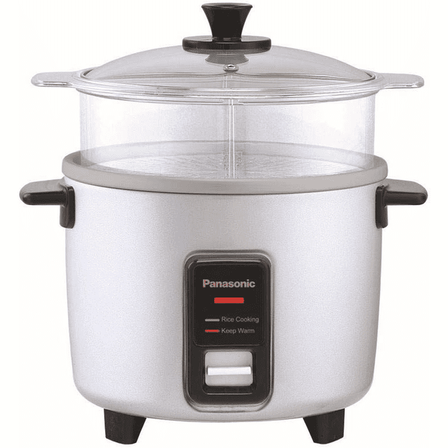 Panasonic SR-W10FGE 5-Cups Traditional Automatic Rice Cooker/Steamer in silver, featuring a 1.0 L capacity for preparing up to 5 cups of uncooked rice (10 cups cooked). Includes a clear glass lid, non-stick coated pan, and steaming basket for versatile cooking. The front panel displays 'Rice Cooking' and 'Keep Warm' indicators. Comes with a measuring cup and rice scoop for added convenience.