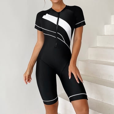 Aboser Boyleg Swimsuit Women One Piece Rash Guard Athletic Short Sleeve Bathing Suit Knee Length Modest Swimwear Zip Front Slimming Beachwear