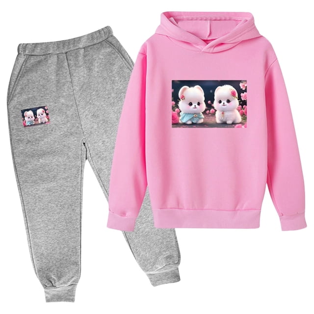 RXIRUCGD Mode Ensemble à Capuche Manches Longues Imprimé Décontracté pour Filles et Garçons (Rose, Taille:150)