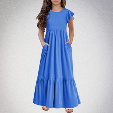 VKOYWKM Girls Casual Dress Summer Ruffle Short Sleeve Tiered Dresses Casual Crew Neck Loose Swing Maxi Dress with Pockets for 6-12Y