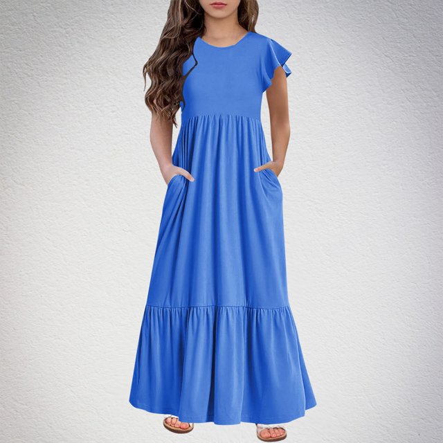 VKOYWKM Robe Décontractée pour Filles Été à Volants Manches Courtes Robes à Étages Décontractées Col Ras du Cou Ample Évasée Robe Maxi avec Poches pour 6-12 Ans