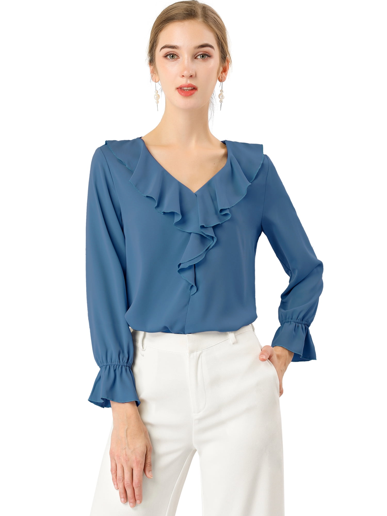 INSPIRE CHIC Women's Ruffle V Neck Elegant Office Work Chiffon Blouse Top