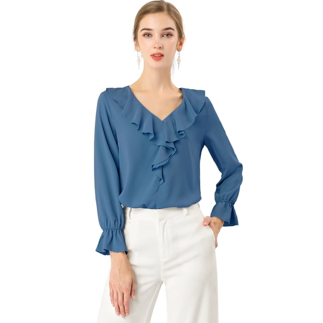 INSPIRE CHIC Women's Ruffle V Neck Elegant Office Work Chiffon Blouse Top