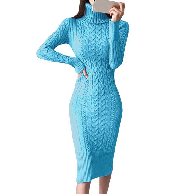 Kcodviy Chandails d'Hiver pour Femmes à Manches Longues à Col Roulé, Robes Chandail, Robe Moulante Tricotée, Robe Midi à Taille Nouée, Robes Jumper
