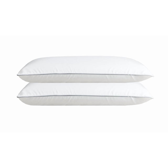 Millano SilverClear 100% Cotton Pillow set of 2 stacked horizontally, each pillow measuring 20 by 36 inches with white cotton cover, silver piping, and polyester fill pre-treated with SilverClear to help eliminate odours, 250 thread count, suitable for all sleep positions and durable over 100 washes.