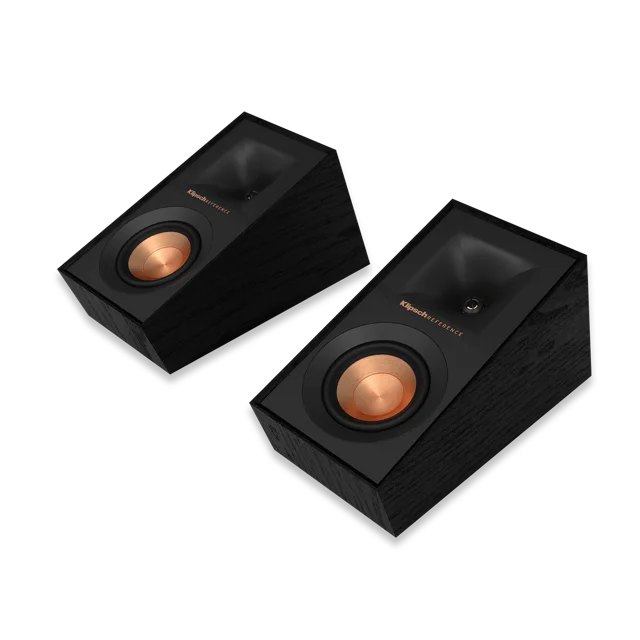 Klipsch R-40SA Reference 4″ Dolby Atmos Surround Speakers in black, shown as a pair. These 2023 model speakers feature a sleek, scratch-resistant wood grain MDF cabinet with magnetic grilles. Each speaker includes a 1-inch Linear Travel Suspension aluminum tweeter and a 4-inch spun-copper thermoformed crystalline polymer woofer for distortion-free, immersive sound. Designed for Dolby Atmos, they can be mounted as surround speakers or placed atop existing floor-standing towers for a versatile home theatre setup.