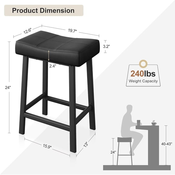 Tabourets de Bar, Ensemble de 2, Tabourets de Comptoir 24 Pouces Rembourrés et Capitonnés avec Surface Courbée, Siège Selle Ergonomique, Pied et Repose-Pieds en Métal, pour Comptoir de Cuisine, Bar à Domicile