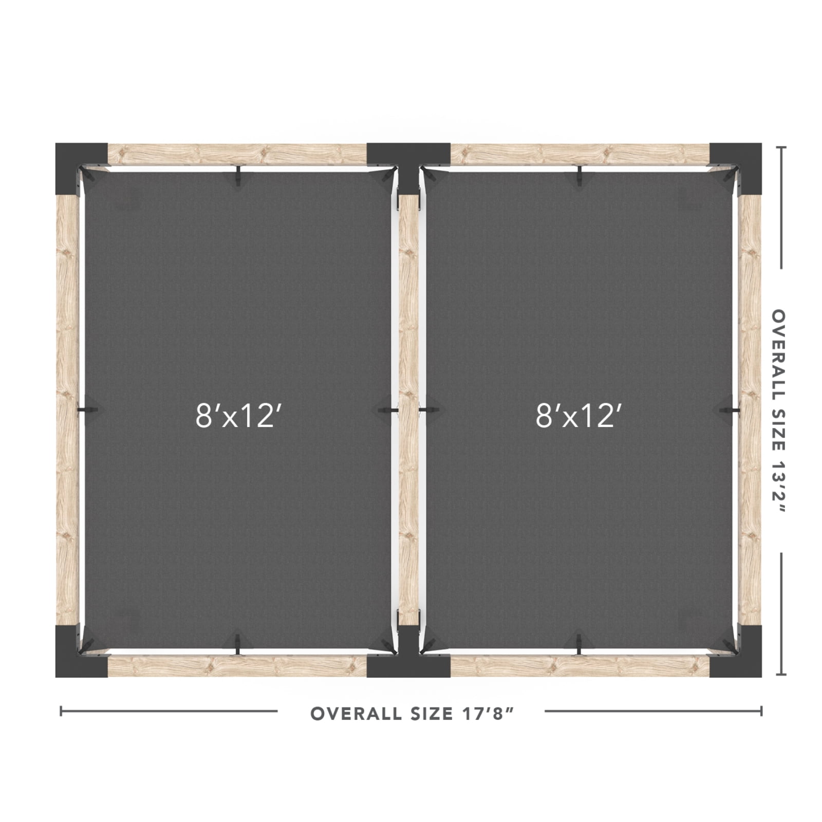 Kit Toja 12' x 22' Double Pergola avec 2 voiles d’ombre pour poteaux en bois 6x6