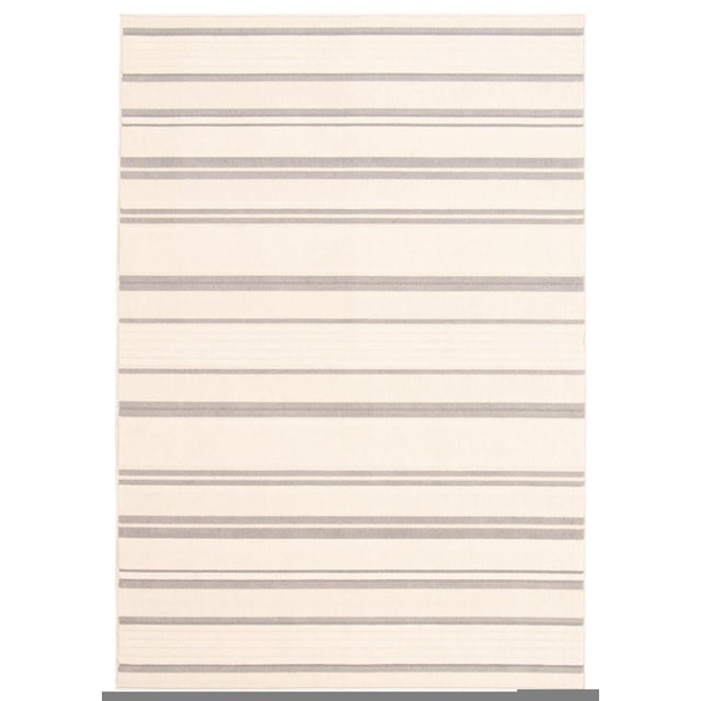 ECARPET Indoor/Outdoor for Balcony, Patio and Garden Arthur Ivory Rug with flat weave horizontal gray stripes of varying widths on an ivory background, ideal for indoor and outdoor use including patios and urban interiors.