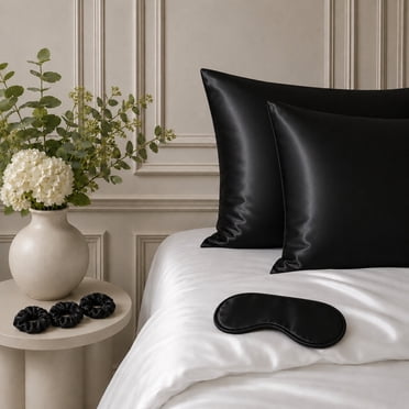 Swift Home 6-Piece Satin Pillowcase Gift Set with Eye Mask and Scrunchies, Beauty Sleep Set, Black