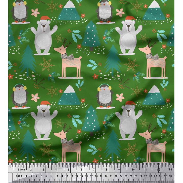 Soimoi Green Georgette Viscose Fabric Bear & Reindeer Cartoon Print Sewing Fabric Yard 42 Inch Wide