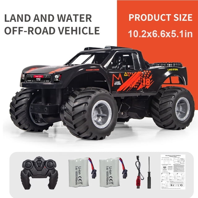 Jouets amphibies de camion de télécommande, 1:16 Tous les terrains 4WD hors route RC Voiture étanche, RC Monster Truck pour les garçons/filles, Jouets de piscine pour enfants Cadeaux, Rouge , 2 Piles