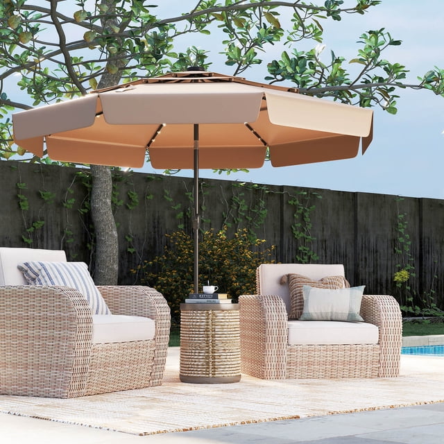 Costway 10 FT Solar Patio Umbrella with 32 LED Lights 3-Tier Vented Top & Ruffles Brown