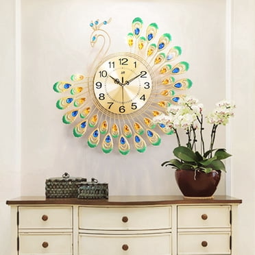 Fyydes Wall Clock, Non Ticking Clock,Iron Modern Wall Clock Large 3D Peacock Shape Non Ticking Silent Clock For Living Room Decor