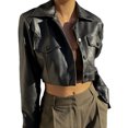 thumbnail image 4 of Kmbangi Women Crop Leather Jacket Solid Color Casual Long Sleeve Button Down Jacket Fall Outwear, 4 of 9