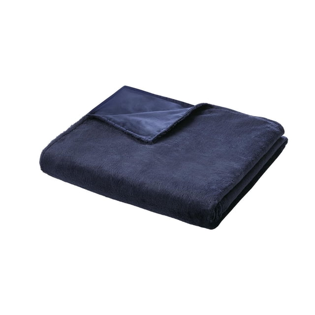 Beautyrest Couverture Pondérée en Peluche Pliée avec un Coin Tourné pour Montrer un Tissu Peluche Uni Bleu Marine et une Doublure Intérieure Lisse, Dotée d'Une Housse Amovible Lavable à la Machine Conçue pour Offrir une stimulation Profonde par la Pression aux Adultes.