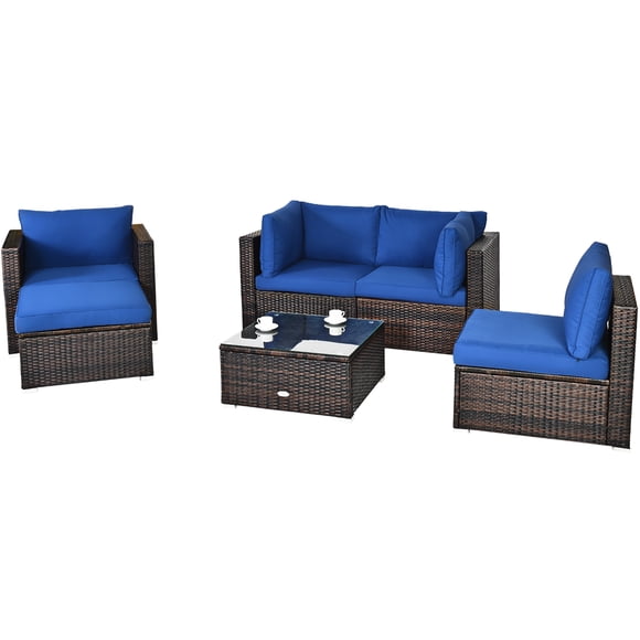 Patiojoy 6PCS Rattan Patio Furniture Set Cushioned Sofa Chair Ottoman Navy