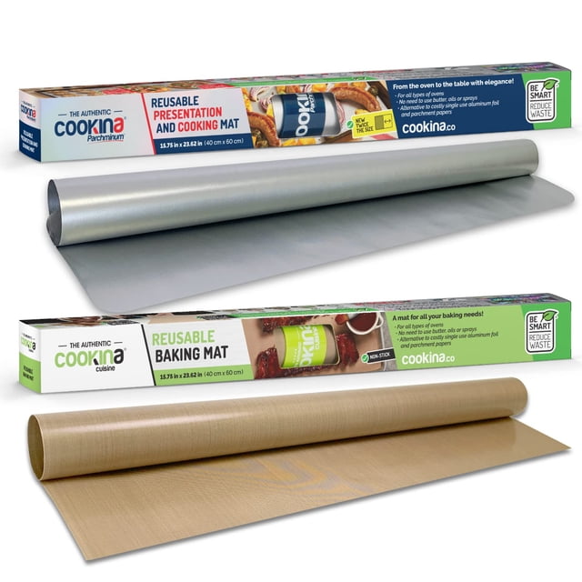 Cookina Cuisine Ensemble Combiné de Feuilles de Cuisson Antiadhésives & Parchminium Comprenant Deux Feuilles Réutilisables, Antiadhésives Double Face. Comprend un Tapis de Cuisson Cookina Cuisine (15,75 x 23,62 Pouces) en beige et un Tapis de Présentation Cookina Parchminium (15,75 x 23,62 Pouces) en Argent. Conçus comme une alternative au Papier d'Aluminium, au Papier Ciré et au Papier Parchemin, Ces Tapis Sont Faciles à Nettoyer, Sécuritaires pour les Hautes Températures et Aident à Réduire le Besoin de Vaporisateurs de Cuisson Ou de Beurre Supplémentaires