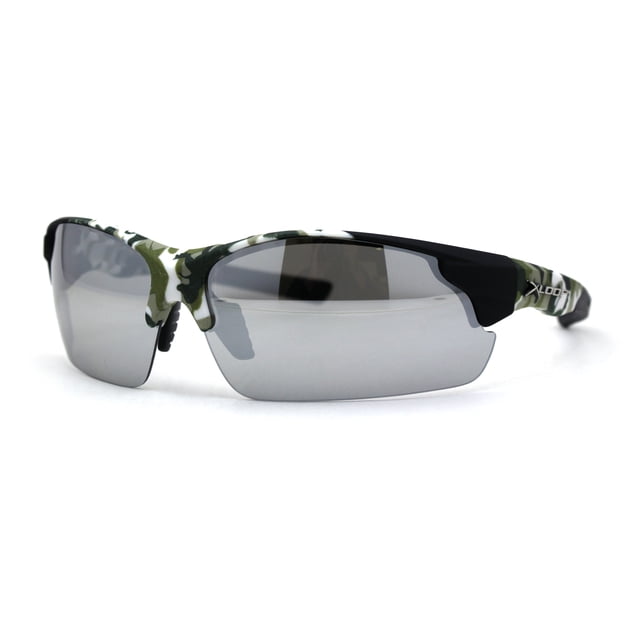 Mens Xloop Hunters Camo Half Rim Plastic Sunglasses Green White Silver Mirror