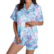 GDREDA Pyjamas Women Women's Pajamas Set Casual Print Short Sleeve Button Down Shirt Pajamas Shorts Set Pajamas Women Pajama Sets pyjamas Blue,XL