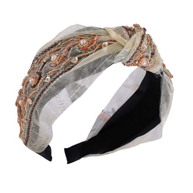 Bandeaux Nœud Papillon Bandeau Broderie Paillettes Perles Turban Grand Réglable Accessoires Femmes Beige Perle Nœud