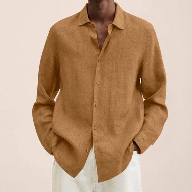 EGNMCR Chemises à Manches Longues pour Hommes Automne Mode Décontractée Couleur Unie Bouton Col Rabattu Hauts Blouse Confortable Coton Chemises de Travail de Bureau