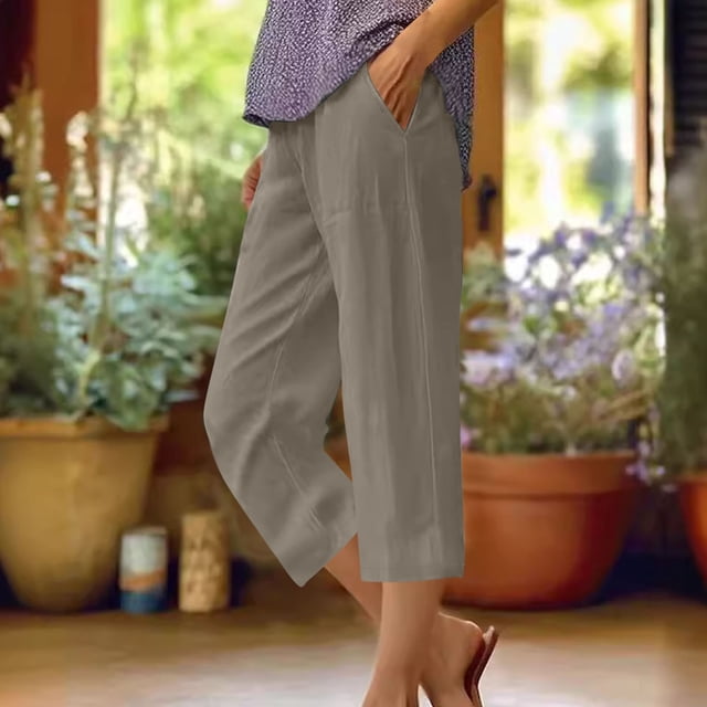 DPTALR Women's Summer Cotton And Linen Solid Color Pockets Elastic Waist Capris Shorts Pants