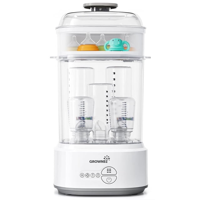 GROWNSY Bottle Sterilizer and Dryer for Baby Bottles, an electric steam sterilizer with a compact white design. Features dual compartments for sterilizing and drying baby bottles, pacifiers, pump parts, and toys. The front panel includes intuitive controls for steam sterilization and automatic drying functions. The upper compartment holds pacifiers and bottle nipples, while the lower compartment accommodates larger bottles. Ensures 99.99% steam sterilization efficiency for baby feeding supplies and universal fit for all brands and sizes.