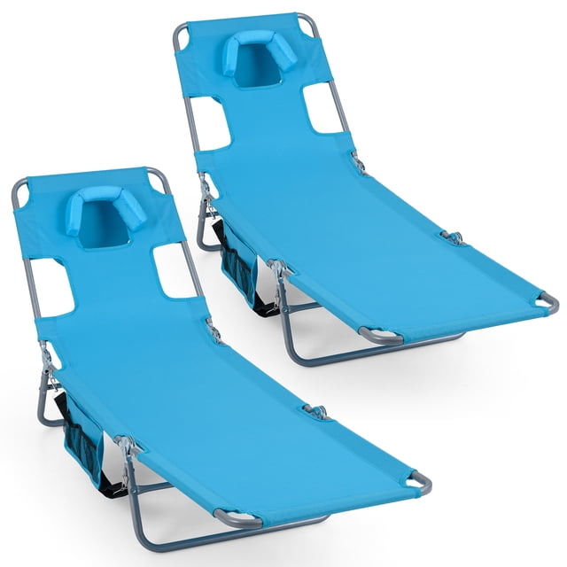 Gymax 2PCS Tanning ChairFolding Beach Lounge Chair w/5-Position Adjustable Backrest Turquoise
